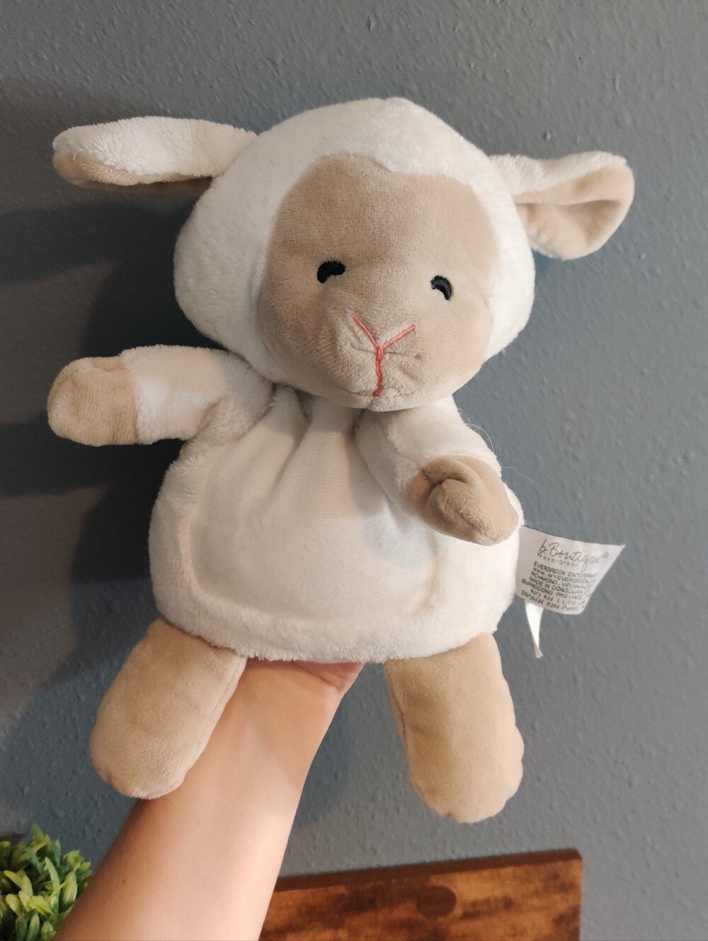 B. Boutique By Evergreen Baby Lamb Plush Hand Puppet Stuffed Animal Kids Toy